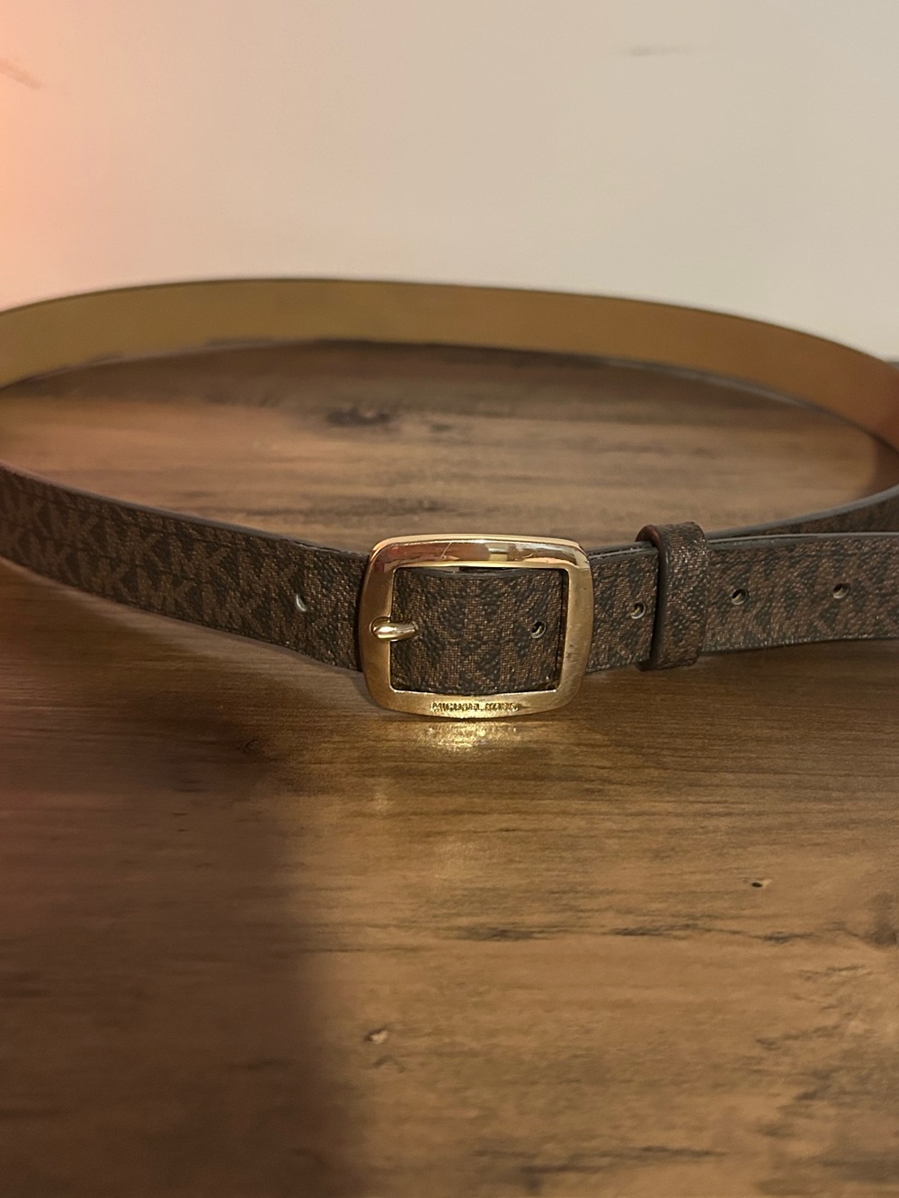 MICHAEL KORS Brown Logo-Print Leather Belt with Gold Buckle L
